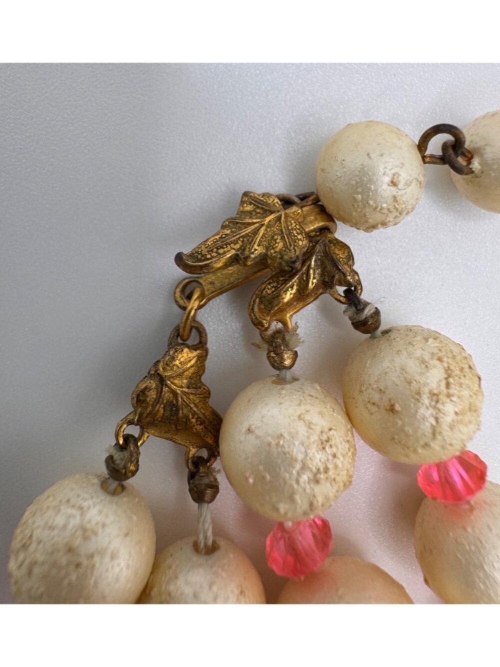 Vintage Paper Mache Bead Necklace Double Strand Artisan Leaf Clasp Chunky - Picture 12 of 16